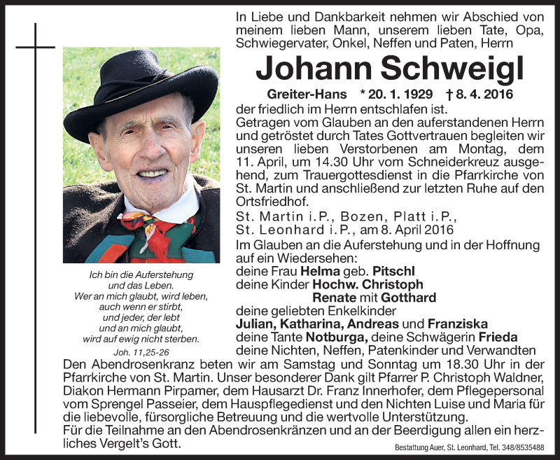  Traueranzeige für Johann Schweigl vom 09.04.2016 aus Dolomiten