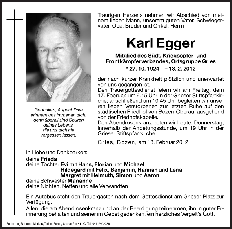  Traueranzeige für Karl Egger vom 16.02.2012 aus Dolomiten