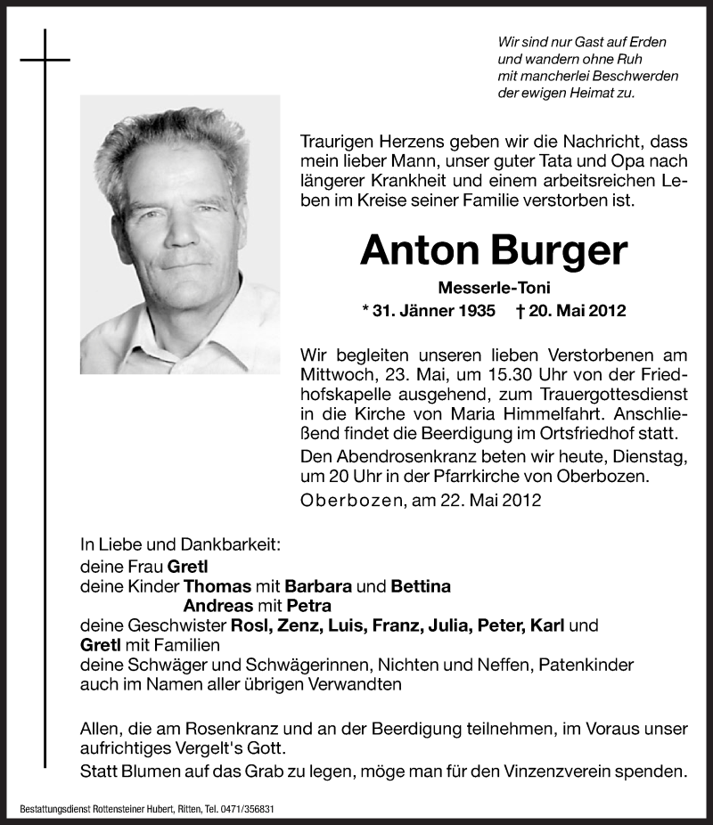  Traueranzeige für Anton Burger vom 22.05.2012 aus Dolomiten