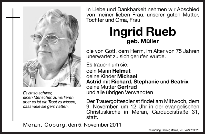  Traueranzeige für Ingrid Rueb vom 07.11.2011 aus Dolomiten