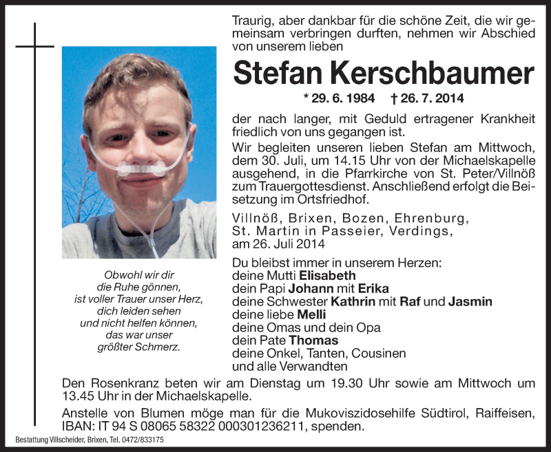  Traueranzeige für Stefan Kerschbaumer vom 29.07.2014 aus Dolomiten