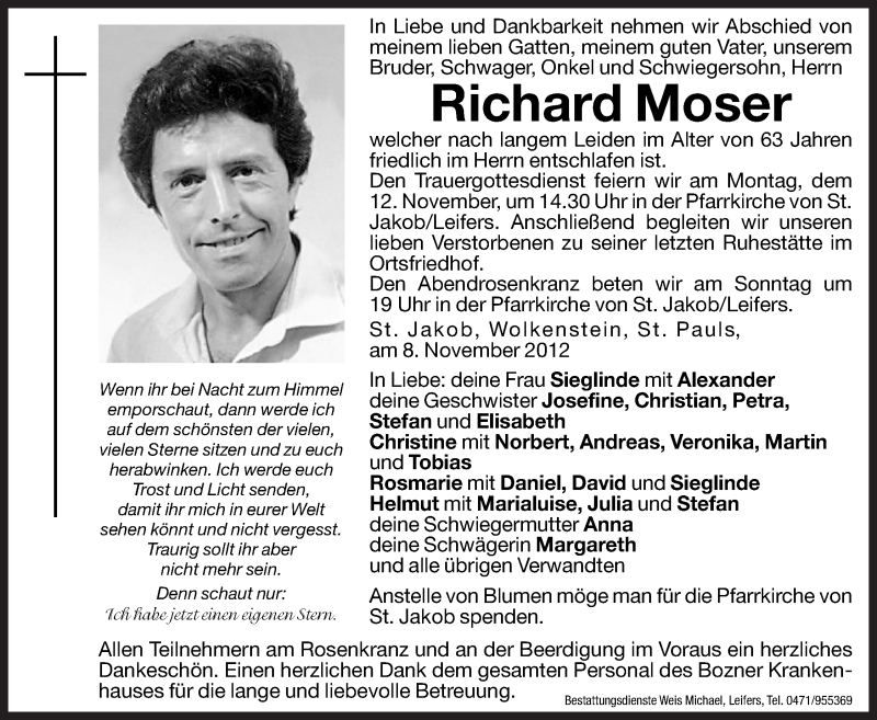  Traueranzeige für Richard Moser vom 10.11.2012 aus Dolomiten