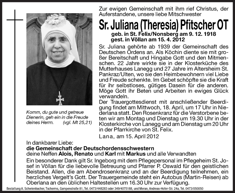  Traueranzeige für Juliana (Theresia) Pfitscher vom 16.04.2012 aus Dolomiten