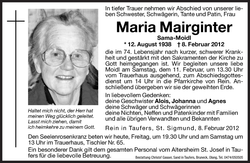  Traueranzeige für Maria Mairginter vom 10.02.2012 aus Dolomiten