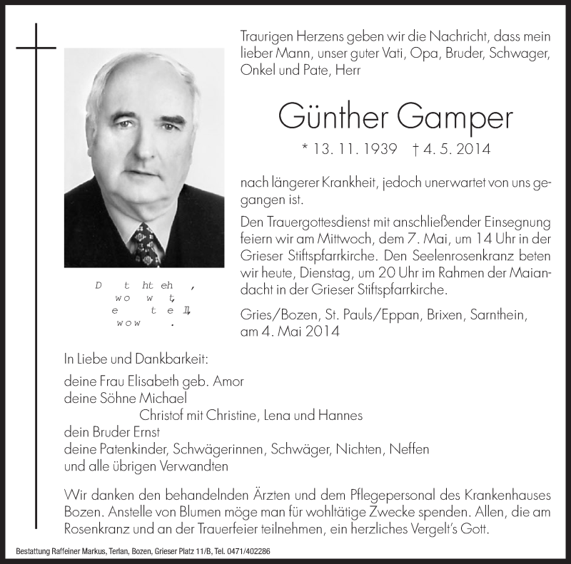  Traueranzeige für Günther Gamper vom 06.05.2014 aus Dolomiten