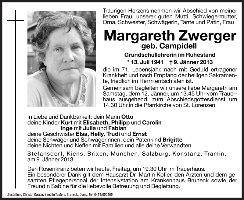  Traueranzeige für Margareth Zwerger vom 11.01.2013 aus Dolomiten