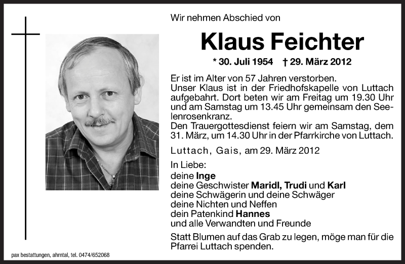  Traueranzeige für Klaus Feichter vom 30.03.2012 aus Dolomiten