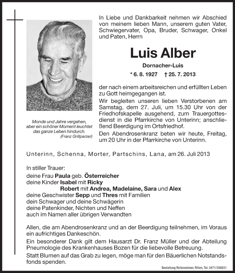  Traueranzeige für Luis Alber vom 26.07.2013 aus Dolomiten