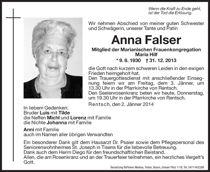  Traueranzeige für Anna Falser vom 02.01.2014 aus Dolomiten