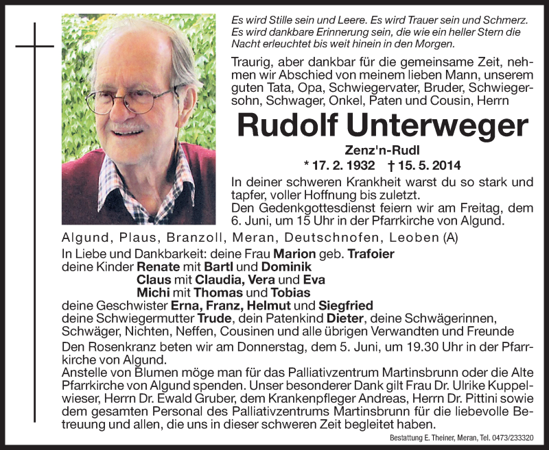  Traueranzeige für Rudolf Unterweger vom 03.06.2014 aus Dolomiten