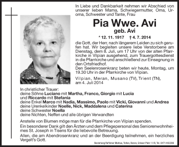 Traueranzeige von Pia Avi von Dolomiten