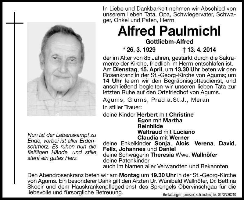  Traueranzeige für Alfred Paulmichl vom 14.04.2014 aus Dolomiten