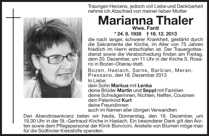  Traueranzeige für Marianna Fanti vom 19.12.2013 aus Dolomiten