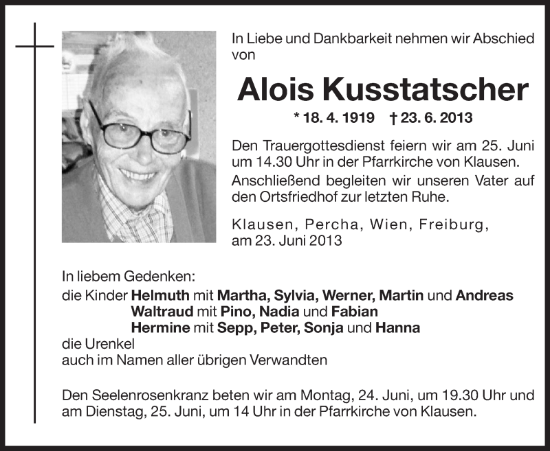  Traueranzeige für Alois Kusstatscher vom 24.06.2013 aus Dolomiten