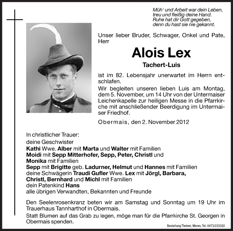  Traueranzeige für Alois Lex vom 03.11.2012 aus Dolomiten