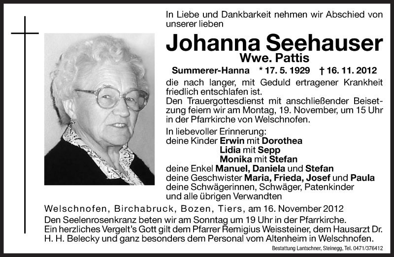  Traueranzeige für Johanna Pattis vom 17.11.2012 aus Dolomiten