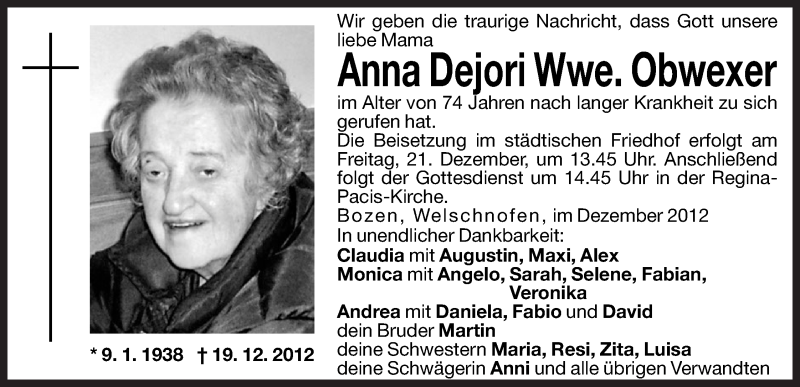  Traueranzeige für Anna Obwexer vom 21.12.2012 aus Dolomiten