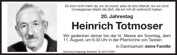 Traueranzeige von Heinrich Totmoser von Dolomiten