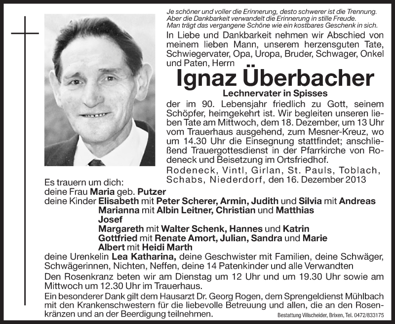  Traueranzeige für Ignaz Überbacher vom 17.12.2013 aus Dolomiten