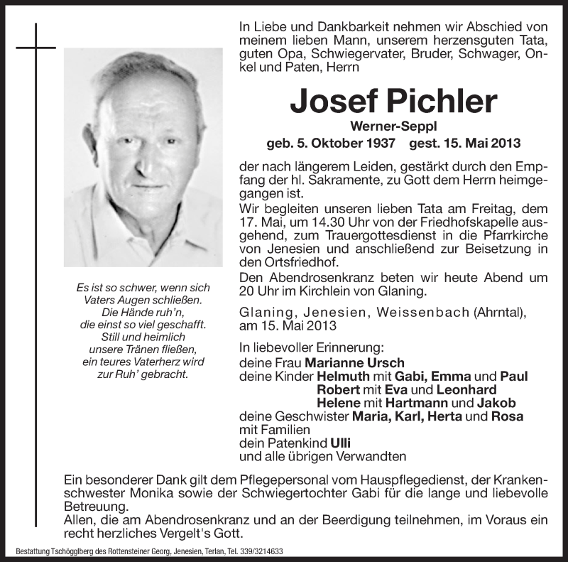  Traueranzeige für Josef Pichler vom 16.05.2013 aus Dolomiten