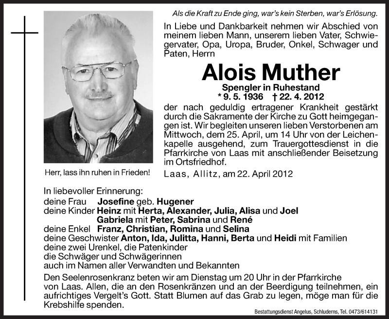  Traueranzeige für Alois Muther vom 24.04.2012 aus Dolomiten