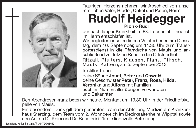  Traueranzeige für Rudolf Heidegger vom 09.09.2013 aus Dolomiten