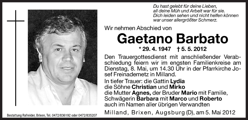  Traueranzeige für Gaetano Barbato vom 07.05.2012 aus Dolomiten