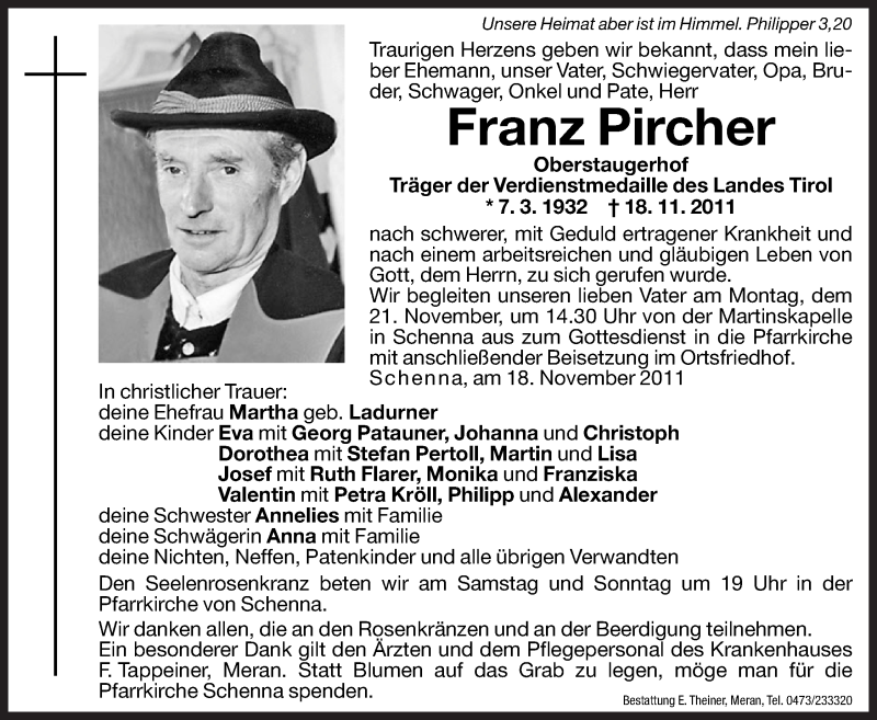  Traueranzeige für Franz Pircher vom 19.11.2011 aus Dolomiten