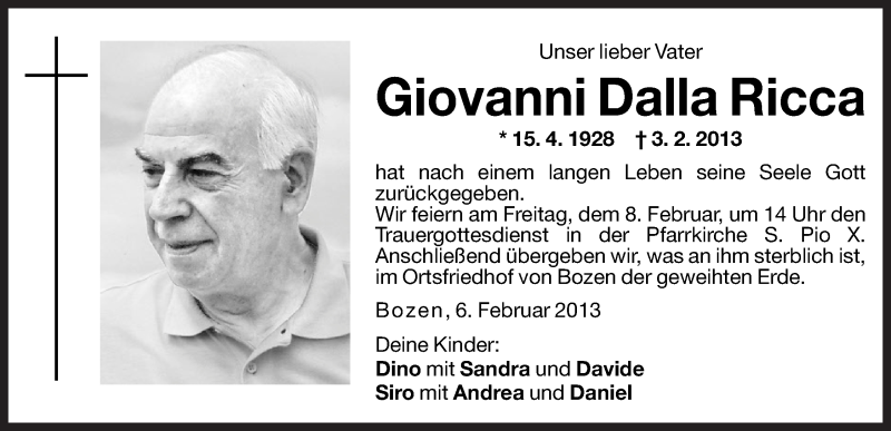  Traueranzeige für Giovanni Dalla Ricca vom 06.02.2013 aus Dolomiten