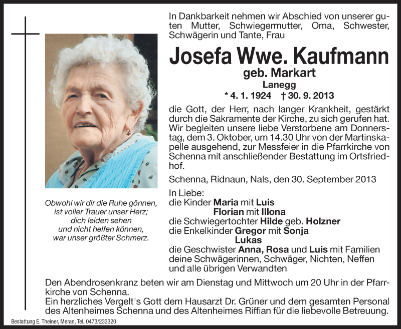  Traueranzeige für Josefa Kaufmann vom 01.10.2013 aus Dolomiten