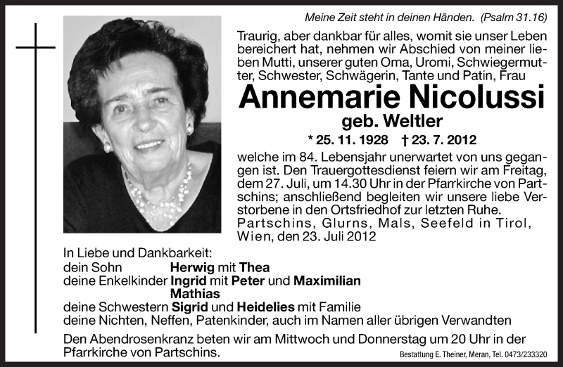  Traueranzeige für Annemarie Nicolussi vom 25.07.2012 aus Dolomiten