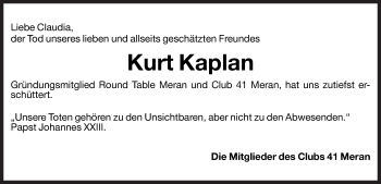Traueranzeige von Kurt Kaplan von Dolomiten