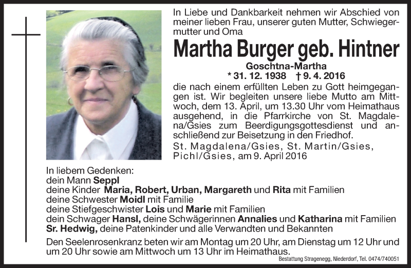  Traueranzeige für Martha Burger vom 11.04.2016 aus Dolomiten