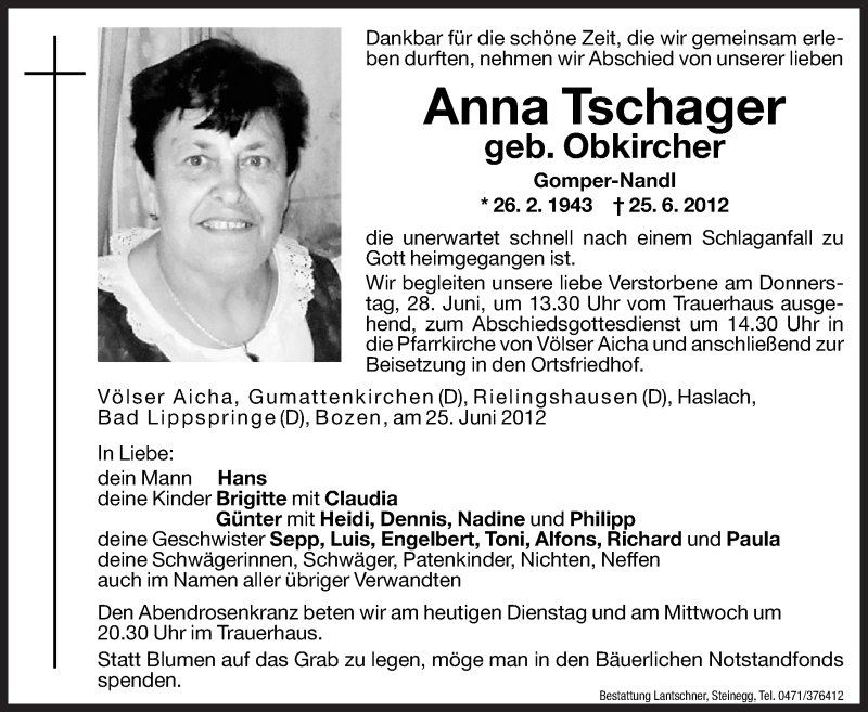  Traueranzeige für Anna Tschager vom 26.06.2012 aus Dolomiten