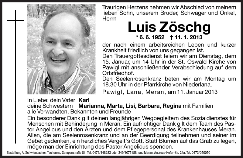  Traueranzeige für Luis Zöschg vom 14.01.2013 aus Dolomiten