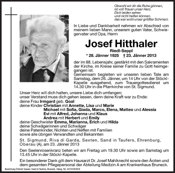 Traueranzeige von Josef Hitthaler von Dolomiten