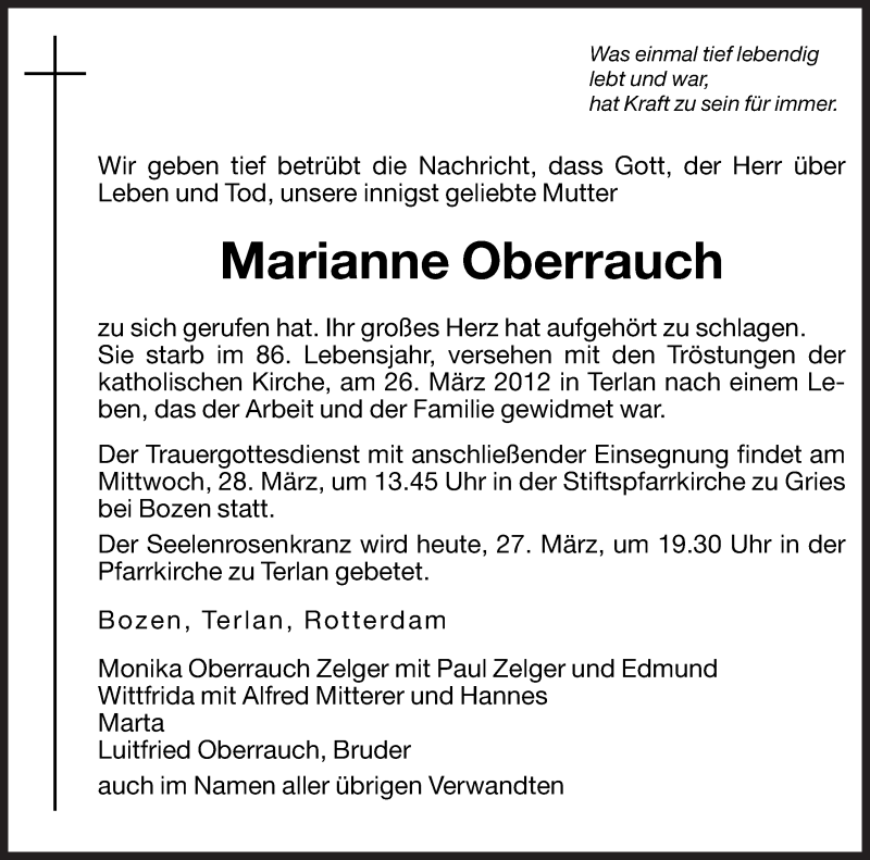  Traueranzeige für Marianne Oberrauch vom 27.03.2012 aus Dolomiten