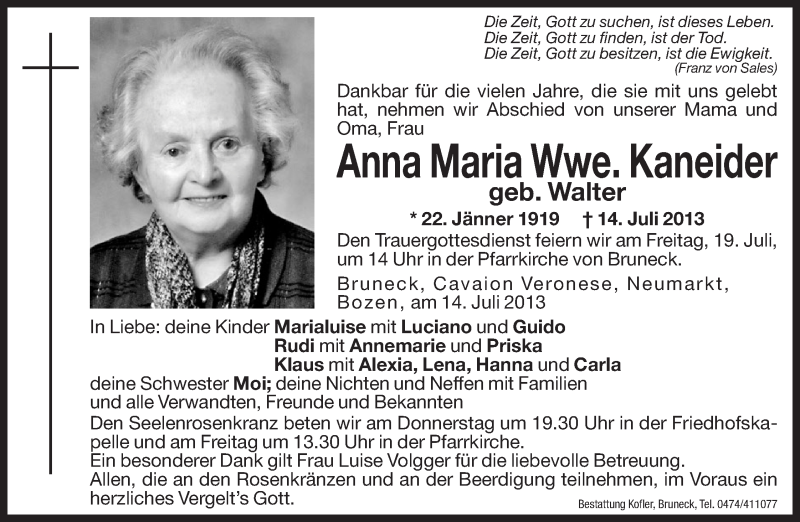  Traueranzeige für Anna Maria Kaneider vom 18.07.2013 aus Dolomiten