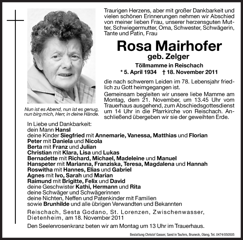  Traueranzeige für Rosa Mairhofer vom 21.11.2011 aus Dolomiten