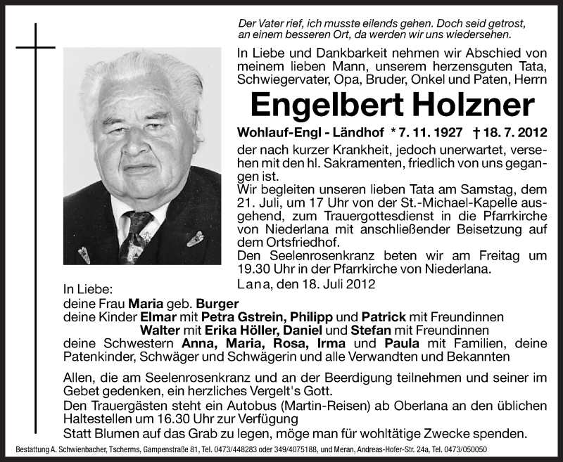  Traueranzeige für Engelbert Holzner vom 20.07.2012 aus Dolomiten