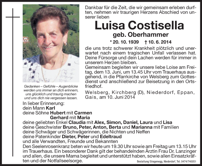  Traueranzeige für Luisa Costisella vom 12.06.2014 aus Dolomiten