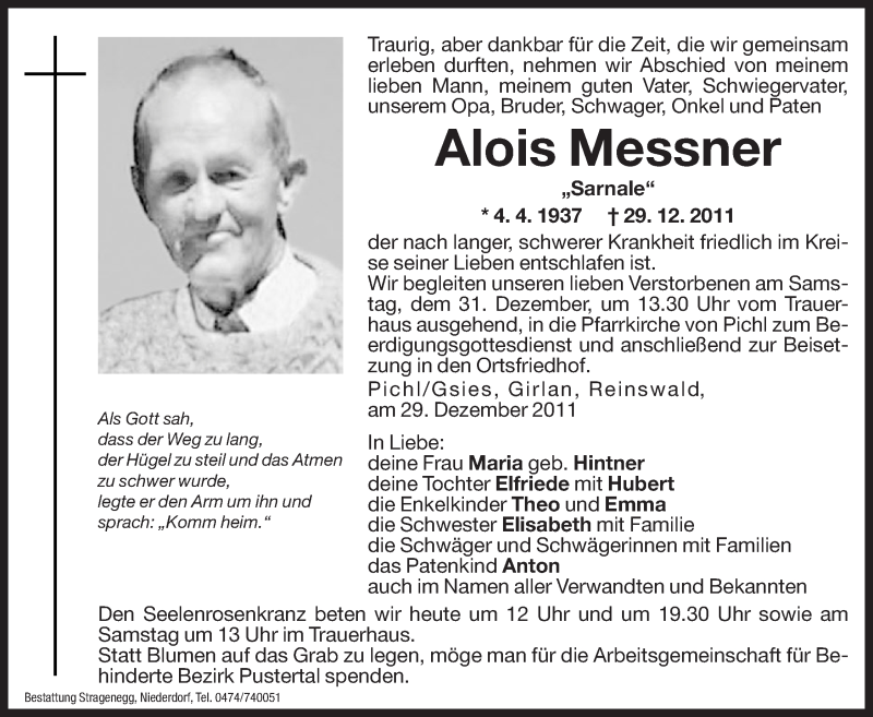  Traueranzeige für Alois Messner vom 30.12.2011 aus Dolomiten