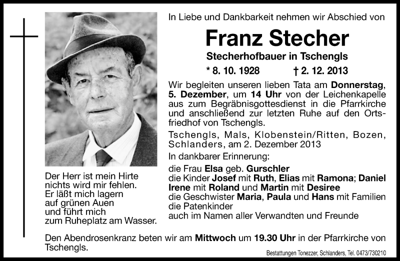  Traueranzeige für Franz Stecher vom 04.12.2013 aus Dolomiten