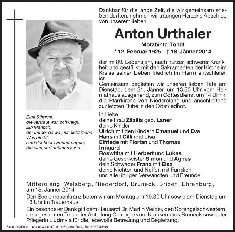  Traueranzeige für Anton Urthaler vom 20.01.2014 aus Dolomiten