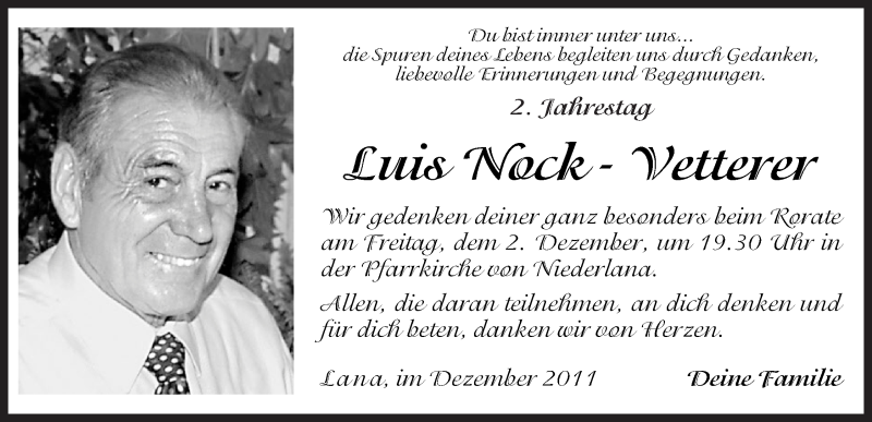  Traueranzeige für Luis Nock-Vetterer vom 30.11.2011 aus Dolomiten