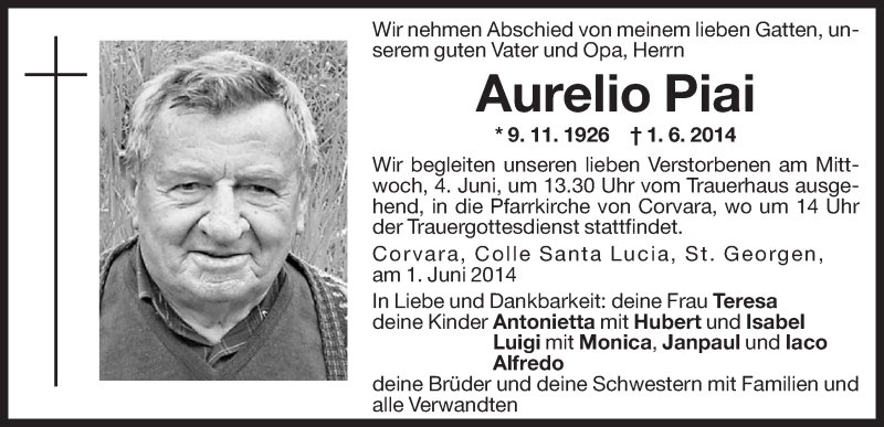  Traueranzeige für Aurelio Piai vom 04.06.2014 aus Dolomiten