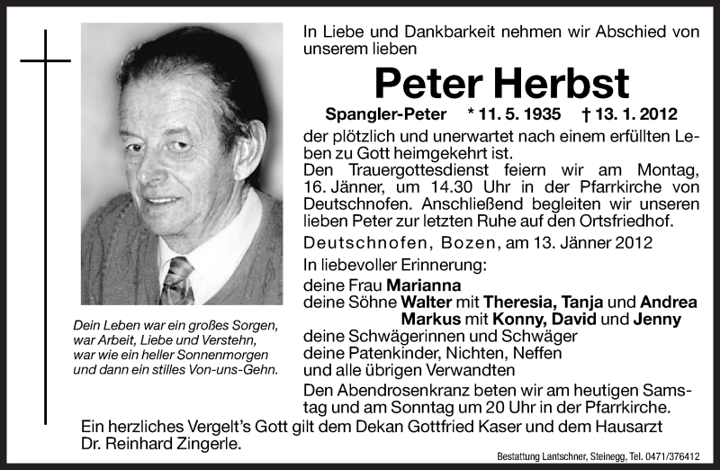  Traueranzeige für Peter Herbst vom 14.01.2012 aus Dolomiten