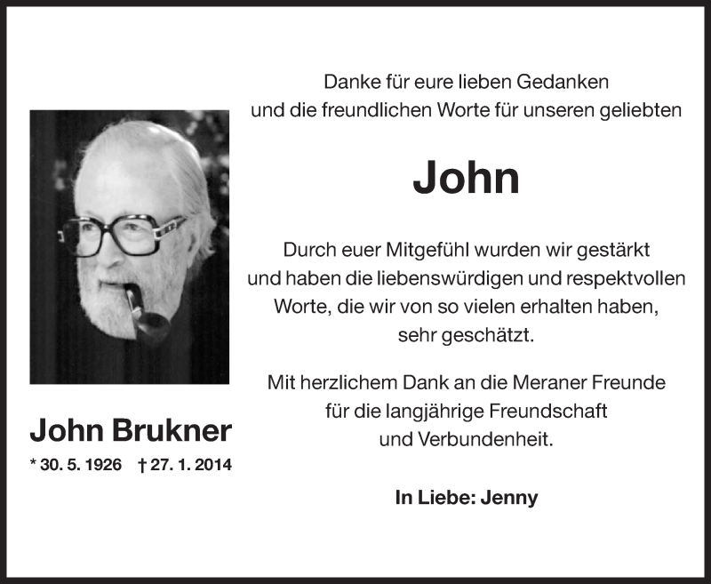  Traueranzeige für John Brukner vom 06.06.2014 aus Dolomiten