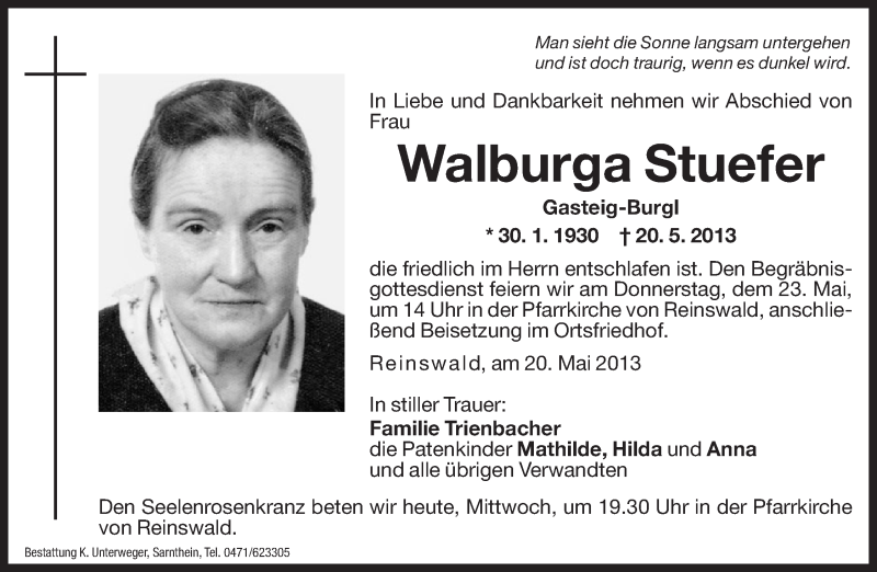  Traueranzeige für Walburga Stuefer vom 22.05.2013 aus Dolomiten