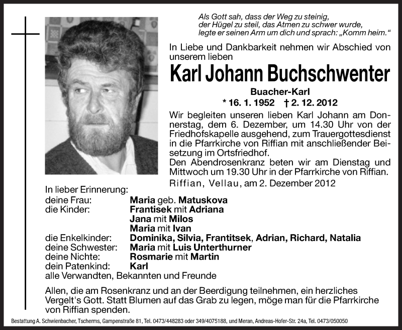  Traueranzeige für Karl Johann Buchschwenter vom 04.12.2012 aus Dolomiten